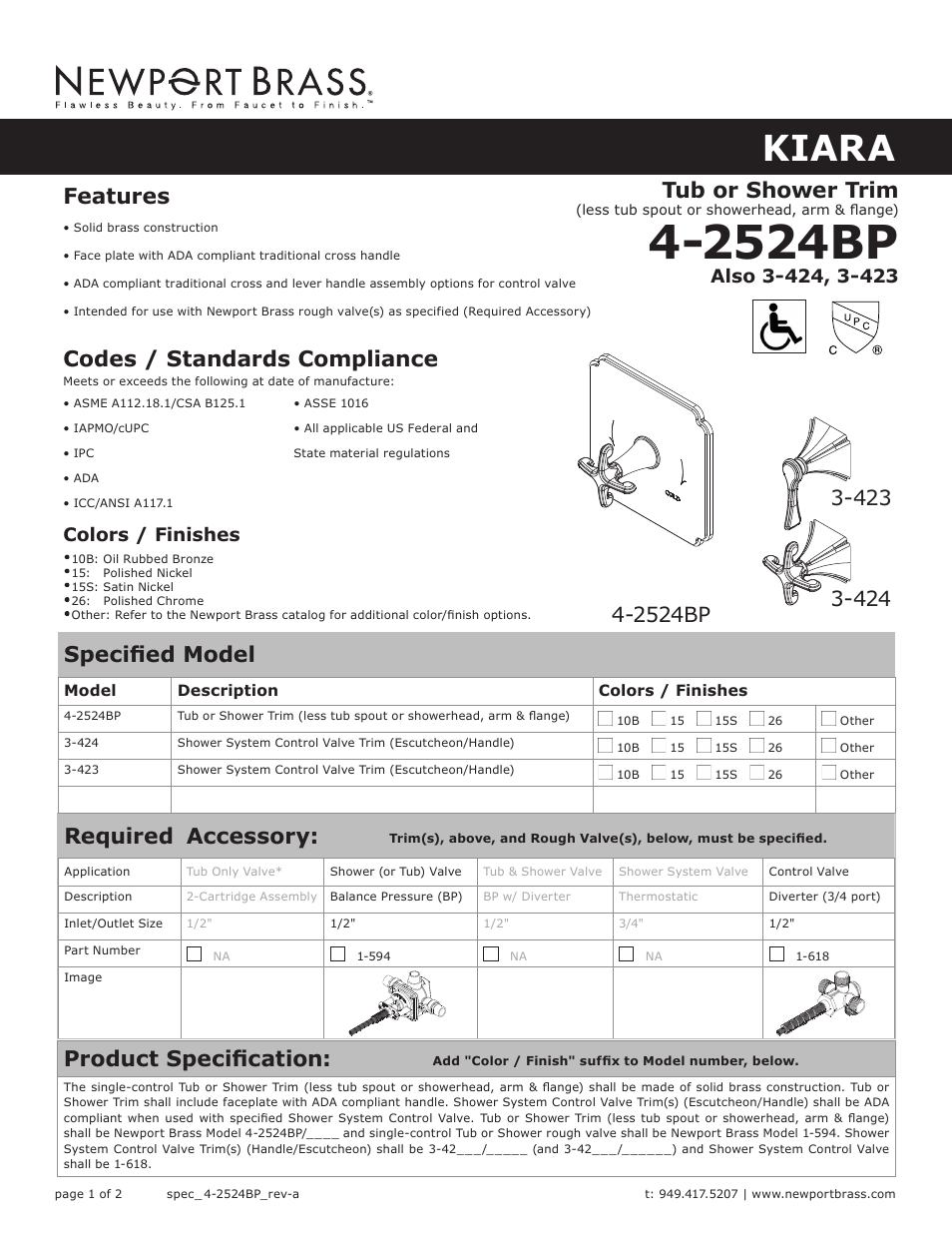 Newport Brass 3-424 Kiara User Manual | 2 pages