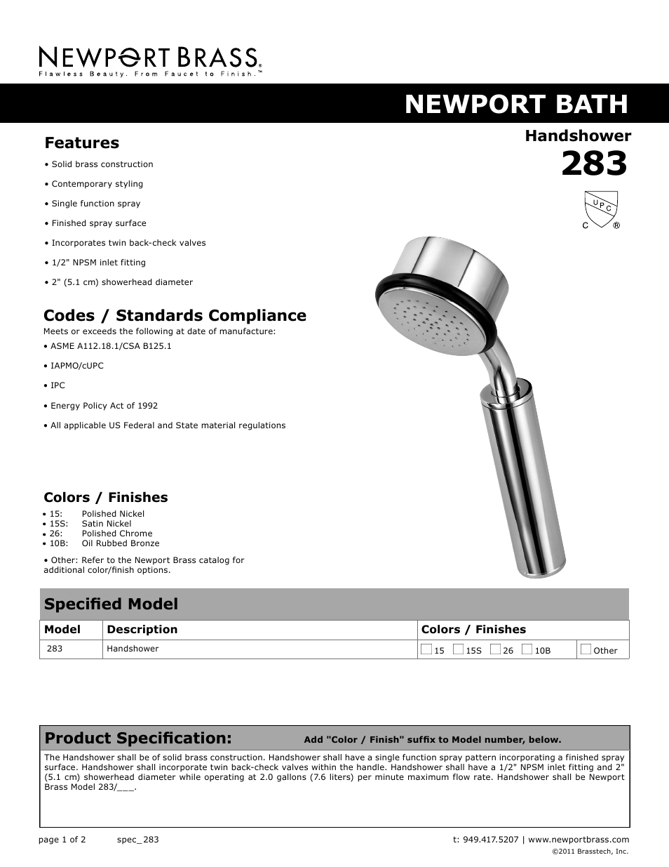 Newport Brass 283 User Manual | 2 pages