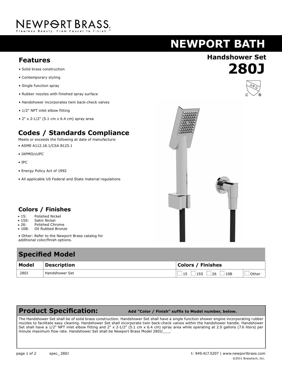 Newport Brass 280J User Manual | 2 pages