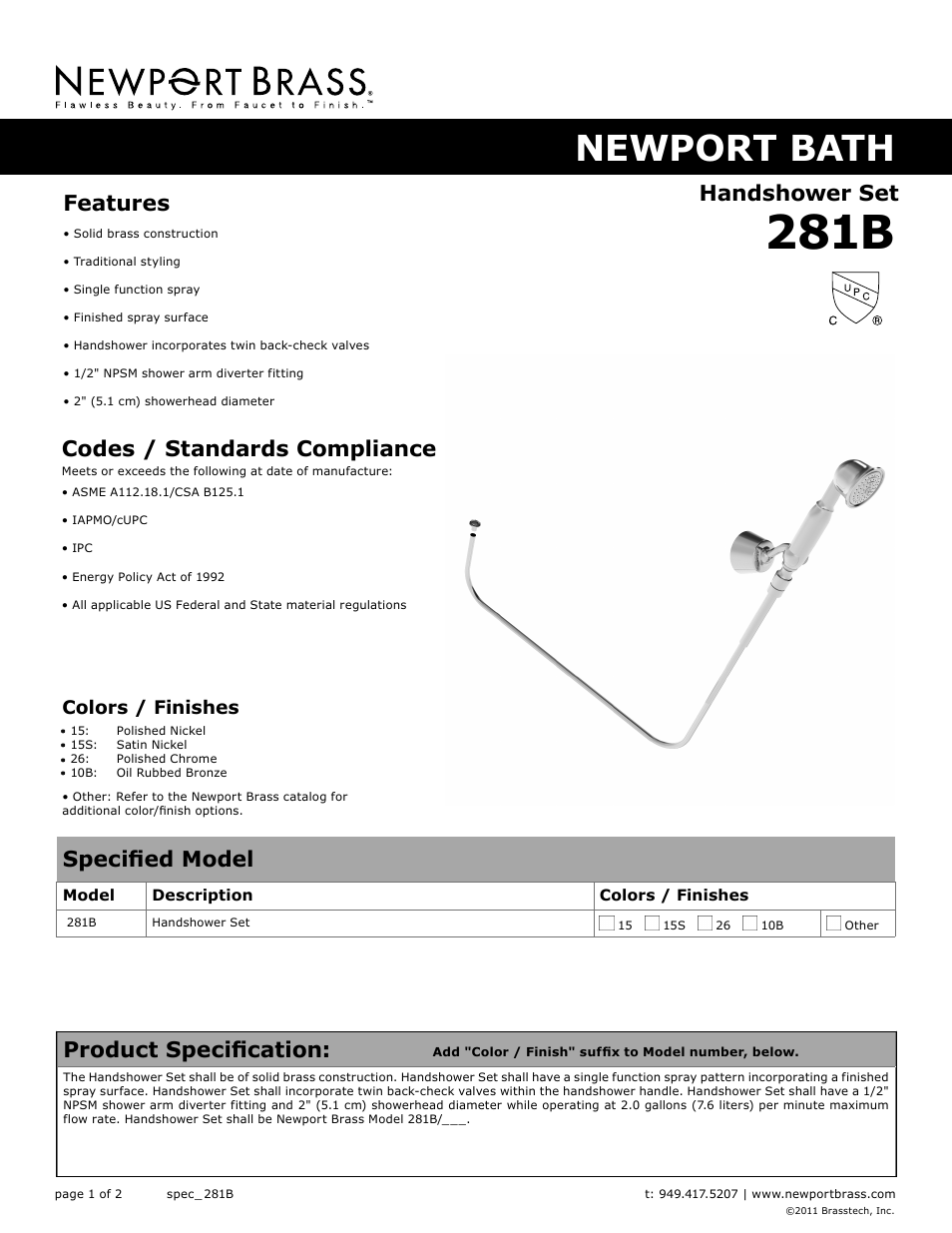 Newport Brass 281B User Manual | 2 pages