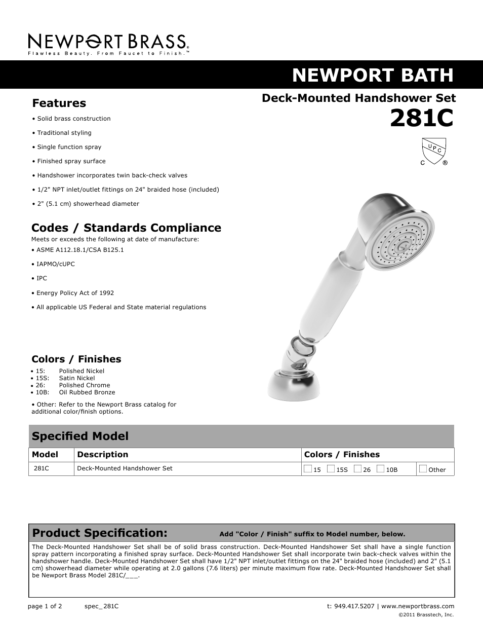 Newport Brass 281C User Manual | 2 pages