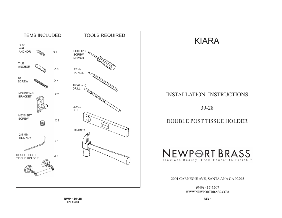 Newport Brass 39-28 User Manual | 2 pages