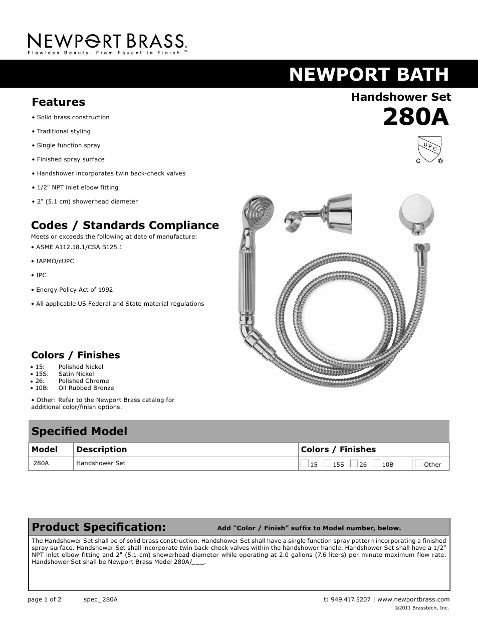 Newport Brass 280A User Manual | 2 pages