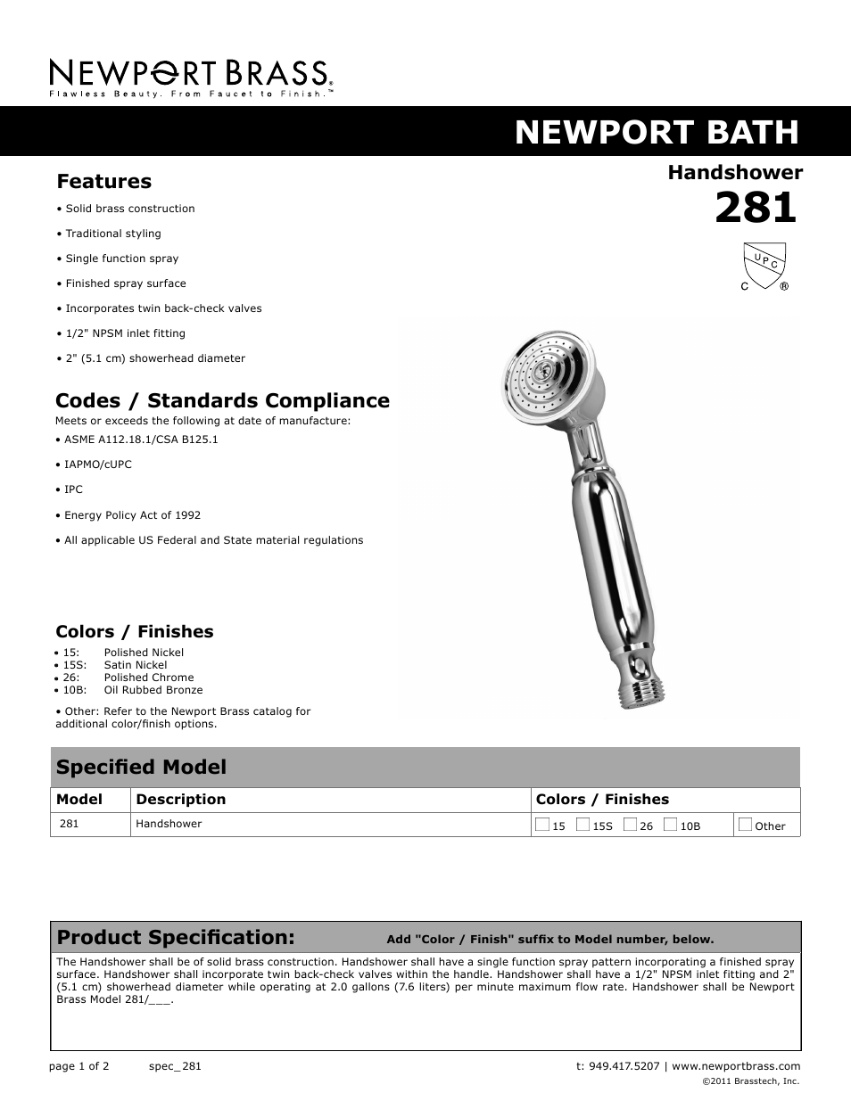 Newport Brass 281 User Manual | 2 pages