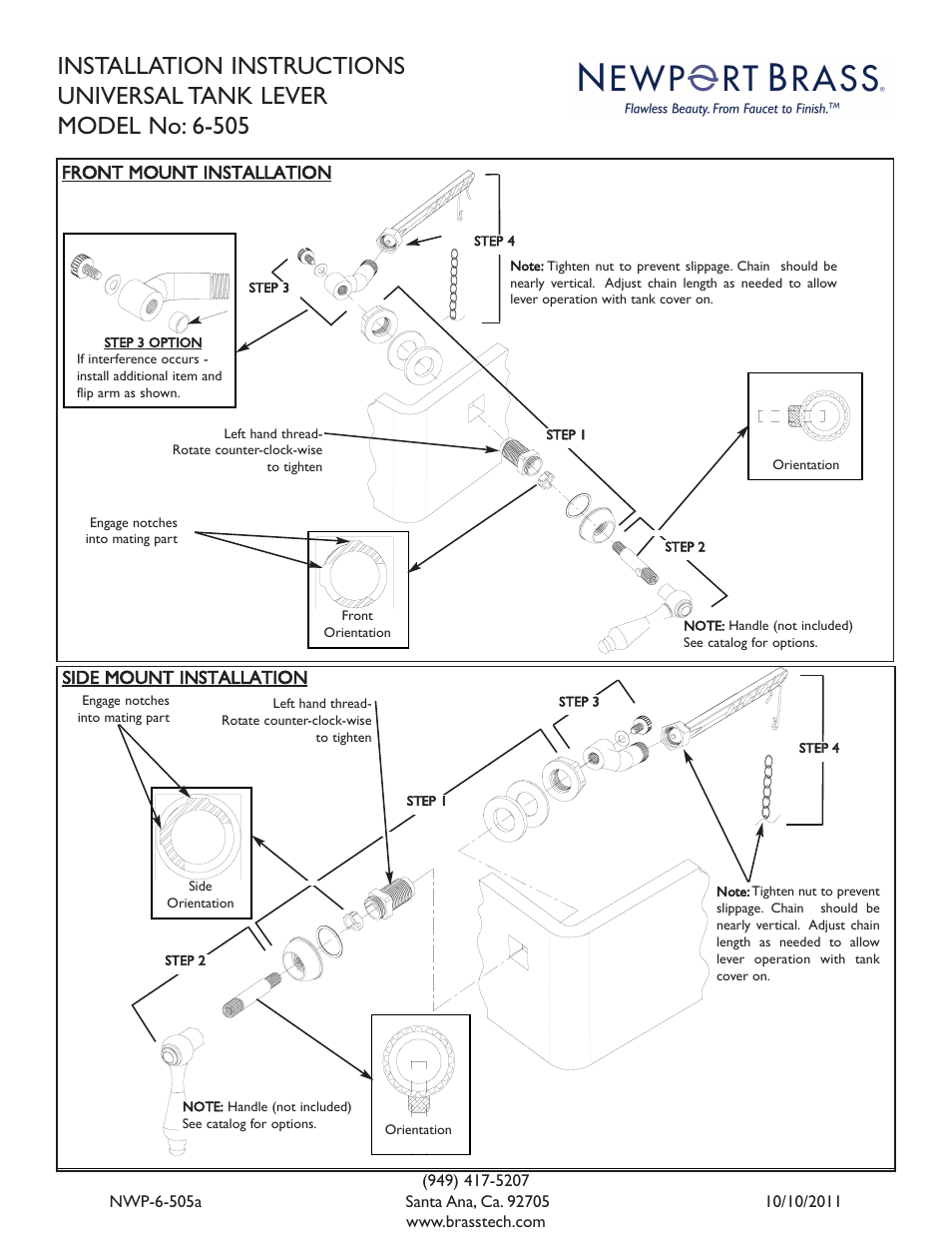 Newport Brass 6-505 Tank Levers User Manual | 1 page