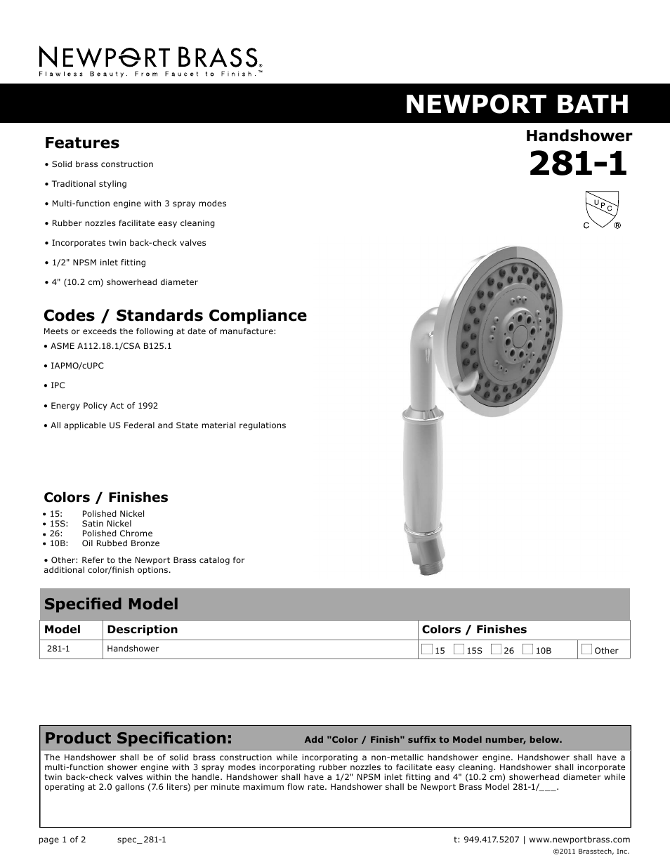 Newport Brass 281-1 User Manual | 2 pages