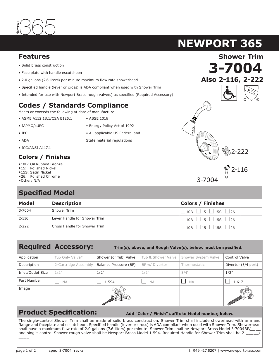 Newport Brass 2-222 Newport 365 User Manual | 2 pages