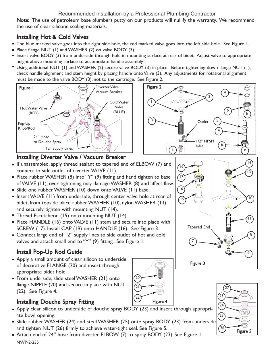 Installing hot & cold valves, Installing diverter valve / vacuum breaker, Install pop-up rod guide | Installing douche spray fitting | Newport Brass 999L East Linear User Manual | Page 2 / 3