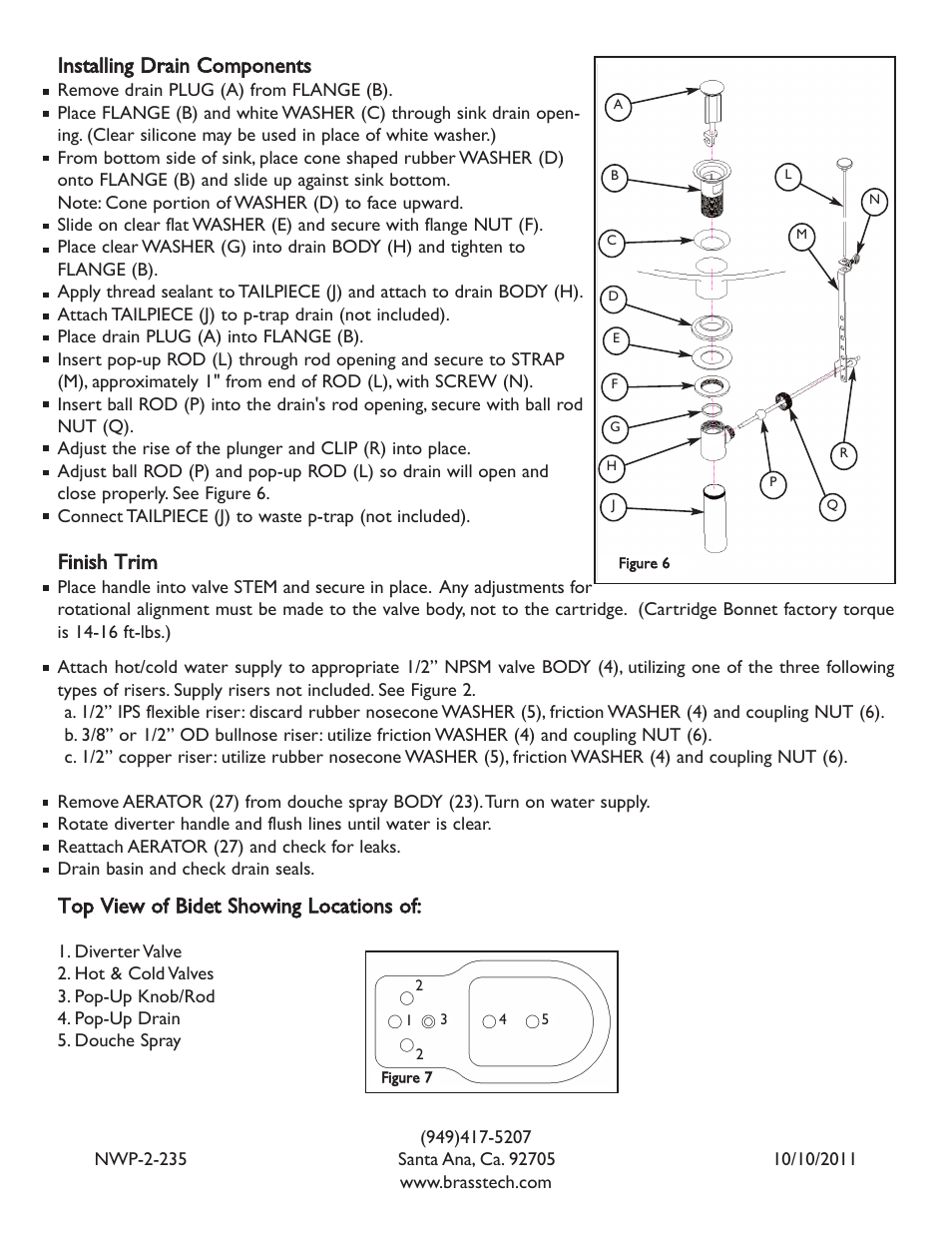 Installing drain components, Finish trim, Top view of bidet showing locations of | Newport Brass 999L East Linear User Manual | Page 3 / 3