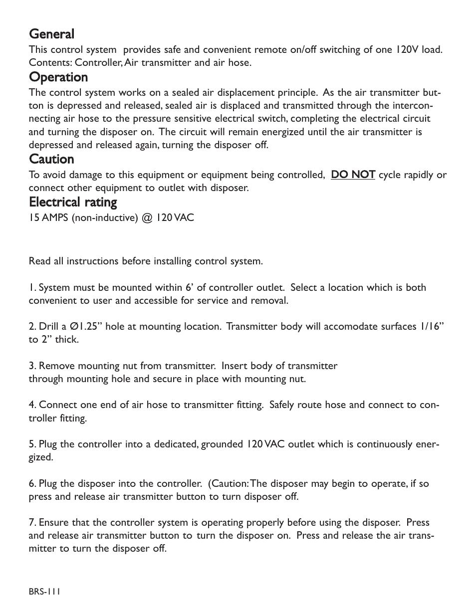 General, Operation, Caution | Electrical rating | Newport Brass 111 User Manual | Page 2 / 3