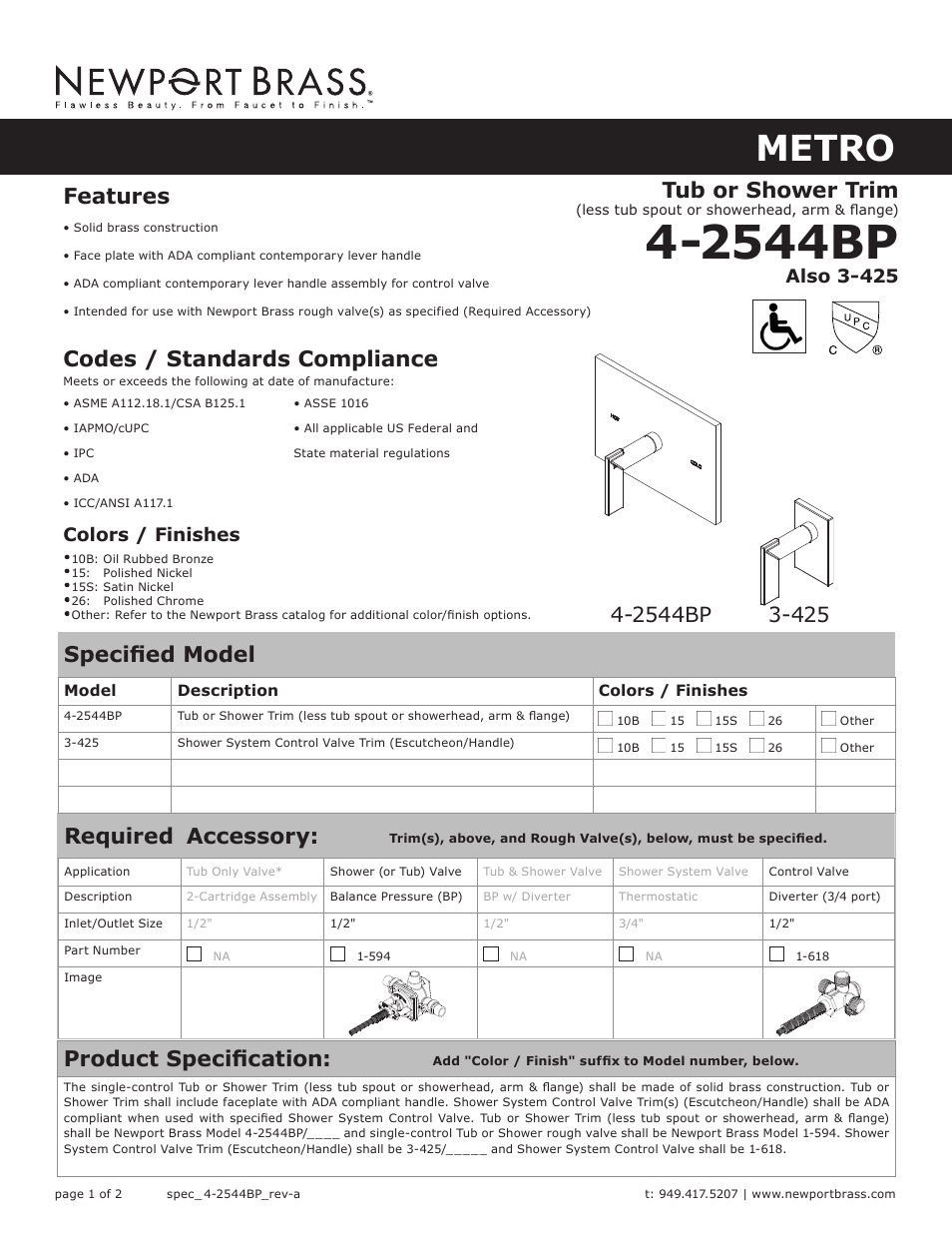 Newport Brass 3-425 Metro User Manual | 2 pages