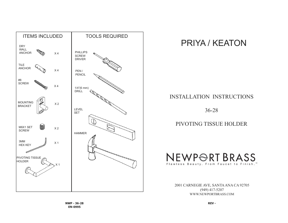 Newport Brass 36-28 PIVOTING TISSUE HOLDER User Manual | 2 pages