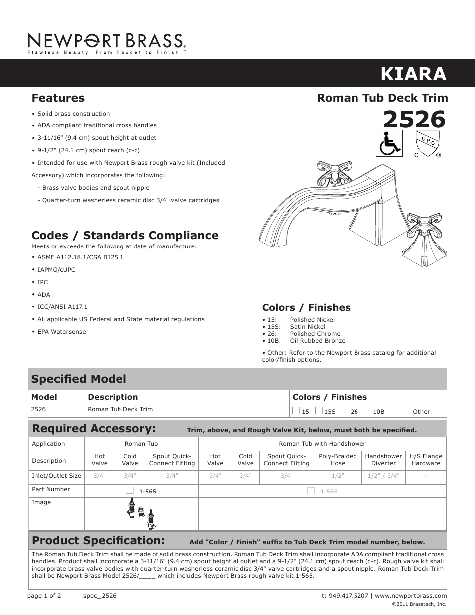 Newport Brass 2526 Kiara User Manual | 2 pages