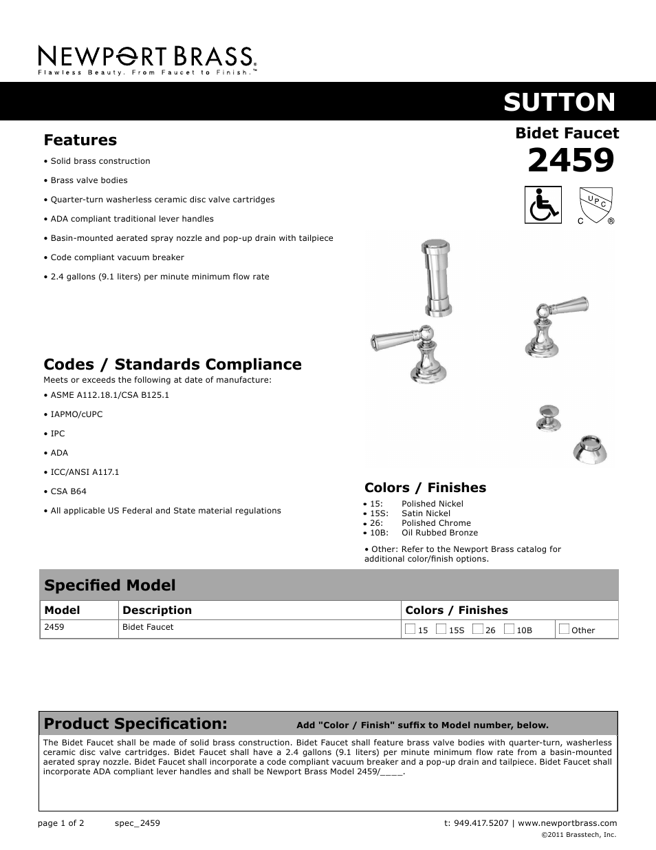 Newport Brass 2459 Sutton User Manual | 2 pages