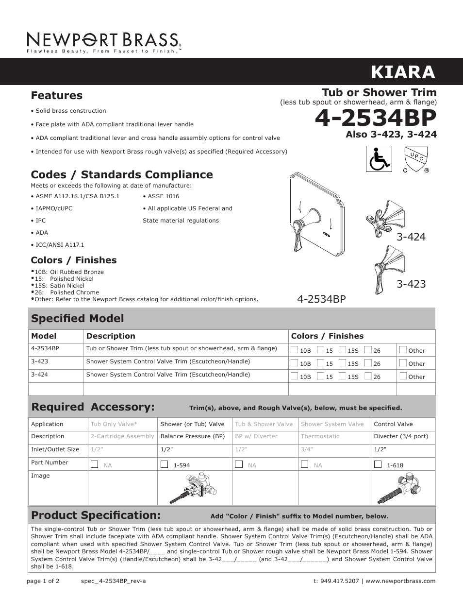 Newport Brass 3-423 Kiara User Manual | 2 pages