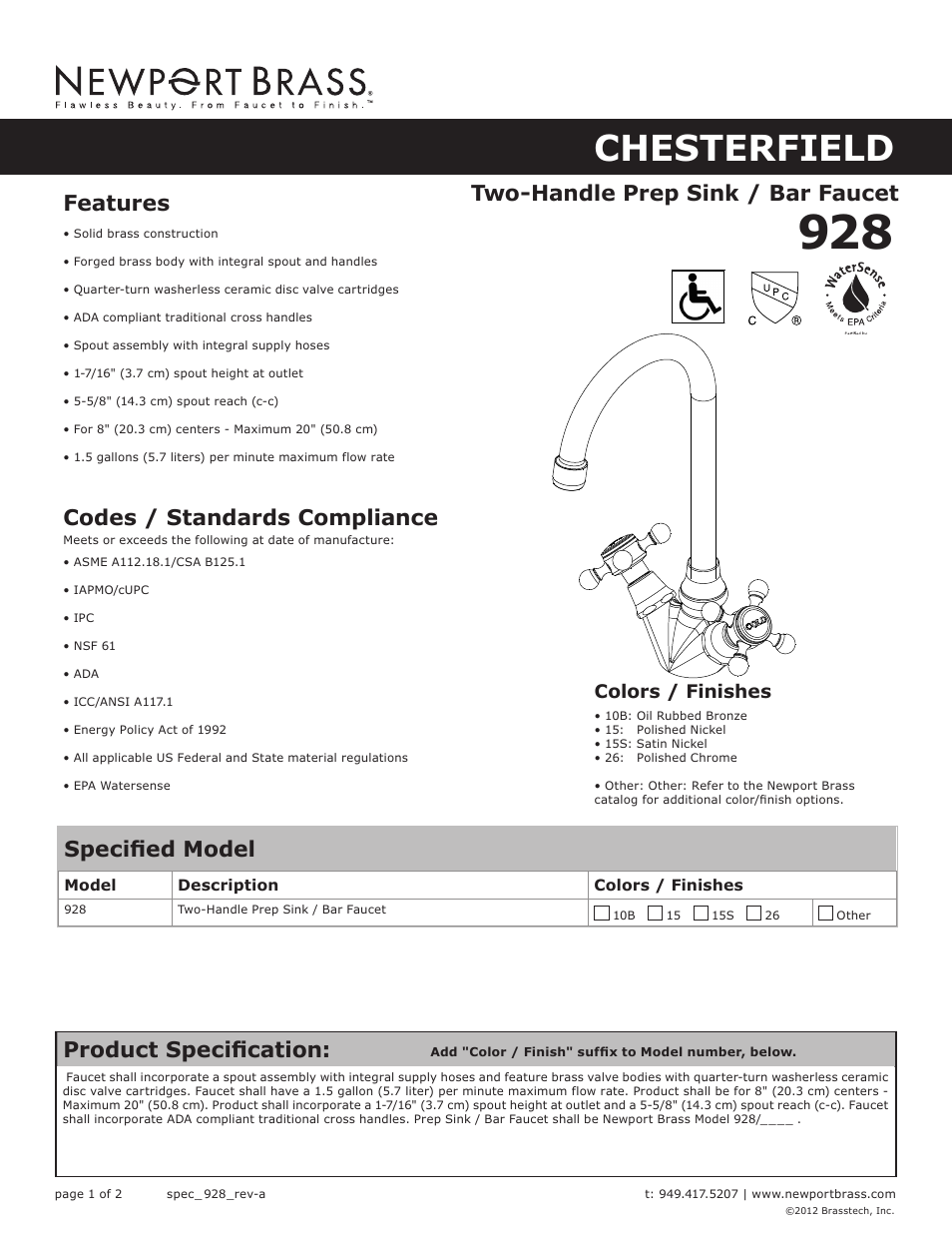 Newport Brass 928 User Manual | 2 pages