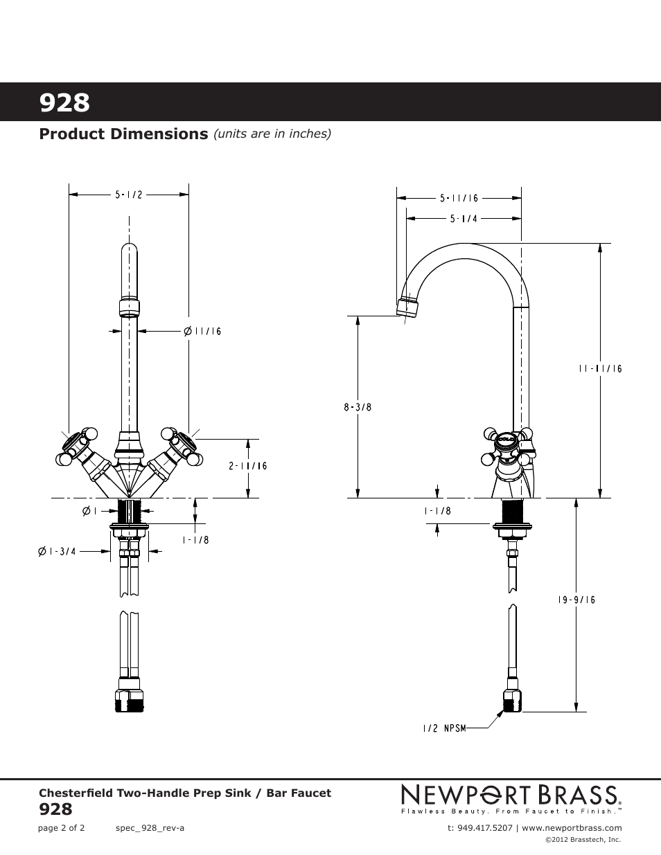 Product dimensions | Newport Brass 928 User Manual | Page 2 / 2