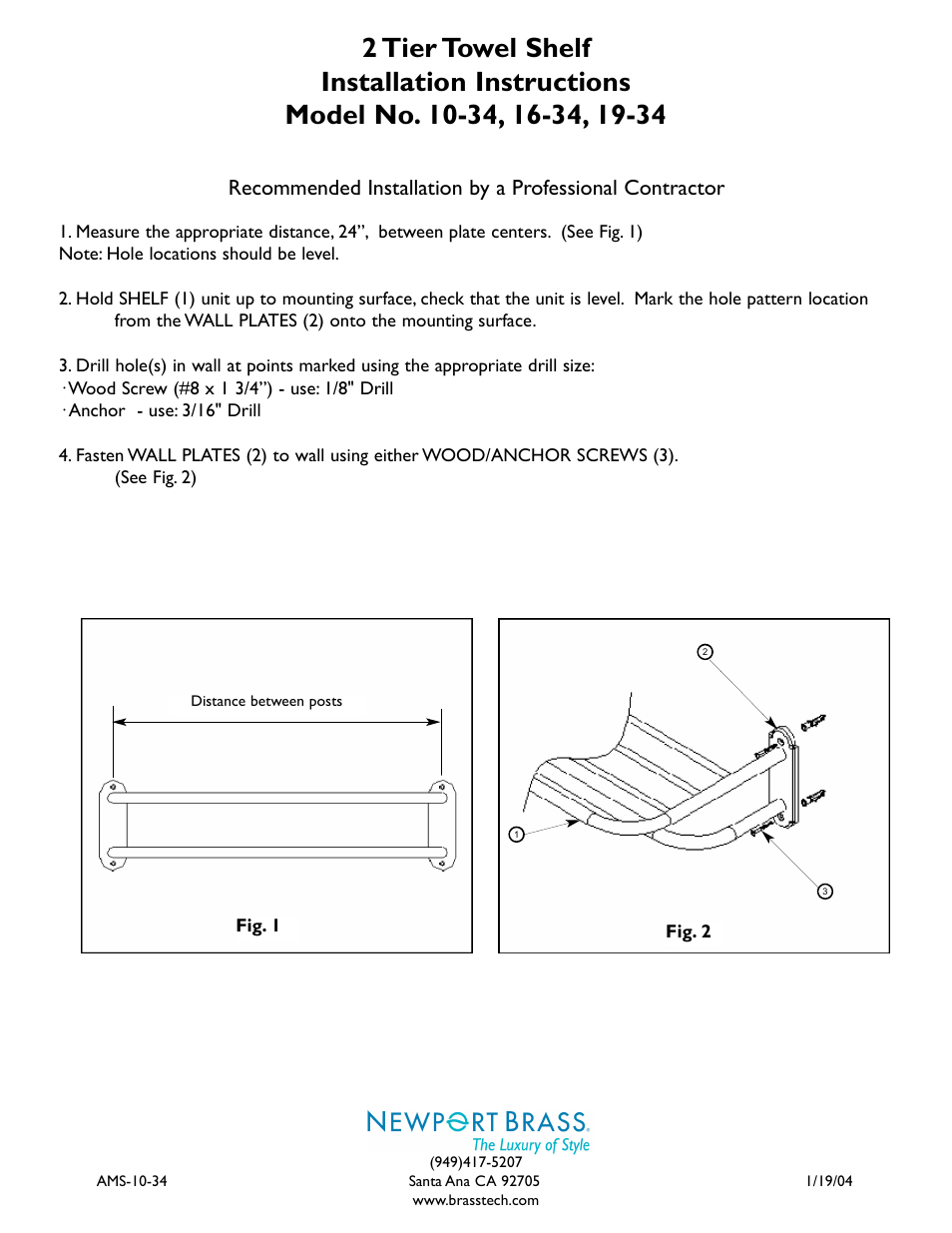 Newport Brass 19-34 2 Tier Towel Shelf User Manual | 1 page