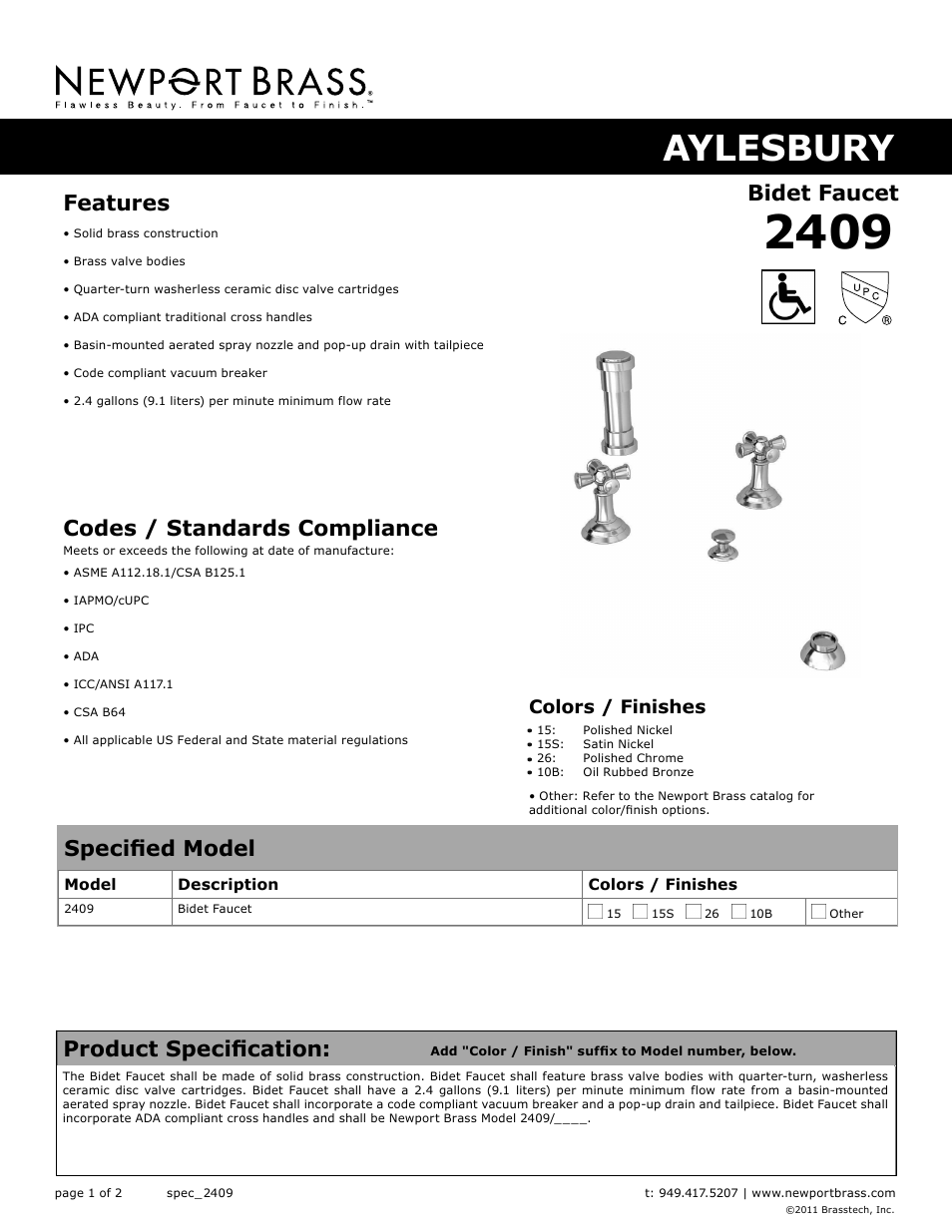 Newport Brass 2409 Jacobean User Manual | 2 pages