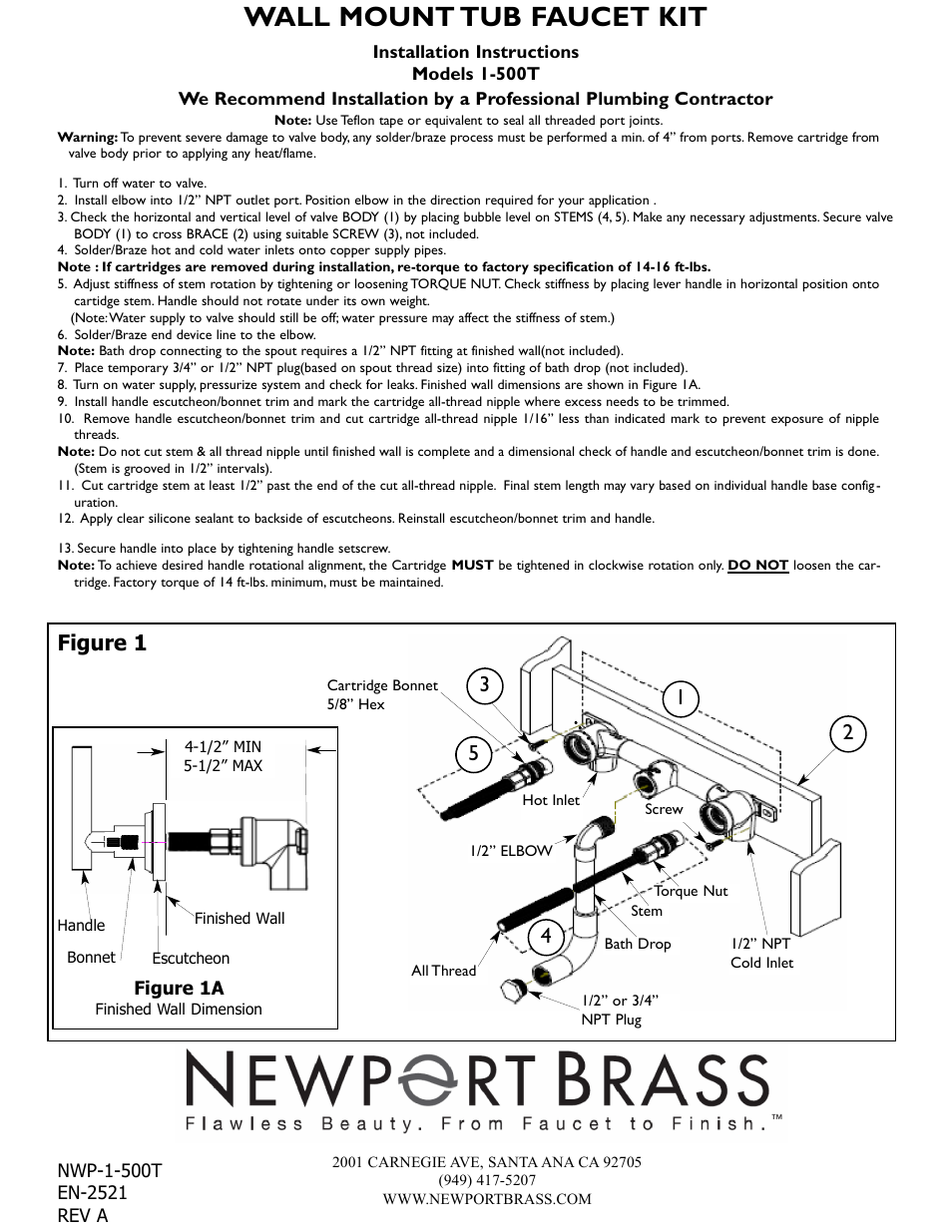 Newport Brass 1-500T User Manual | 1 page