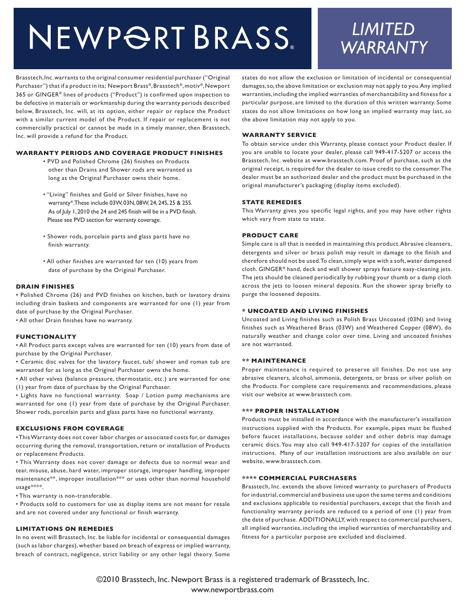 Limited warranty | Newport Brass 13-27 User Manual | Page 2 / 2