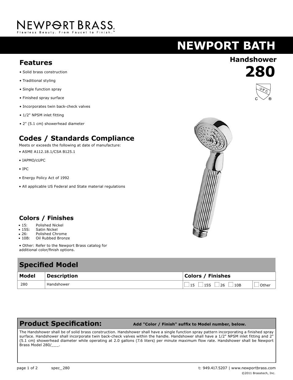 Newport Brass 280 User Manual | 2 pages