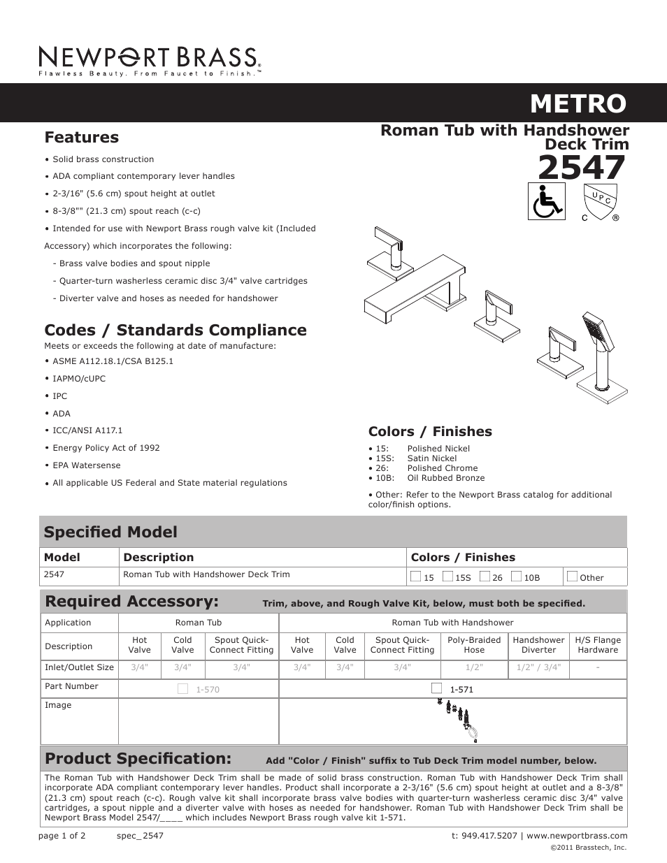 Newport Brass 2547 Metro User Manual | 2 pages