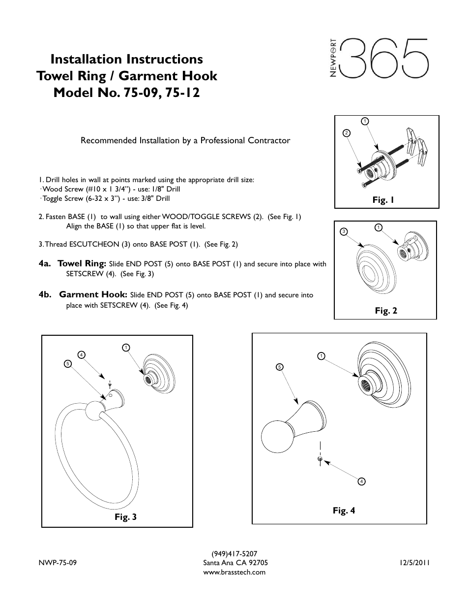Newport Brass 75-12 Towel Ring_Garment Hook User Manual | 1 page