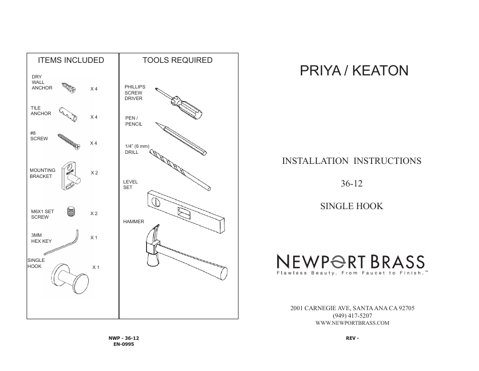 Newport Brass 36-12 SINGLE HOOK User Manual | 2 pages