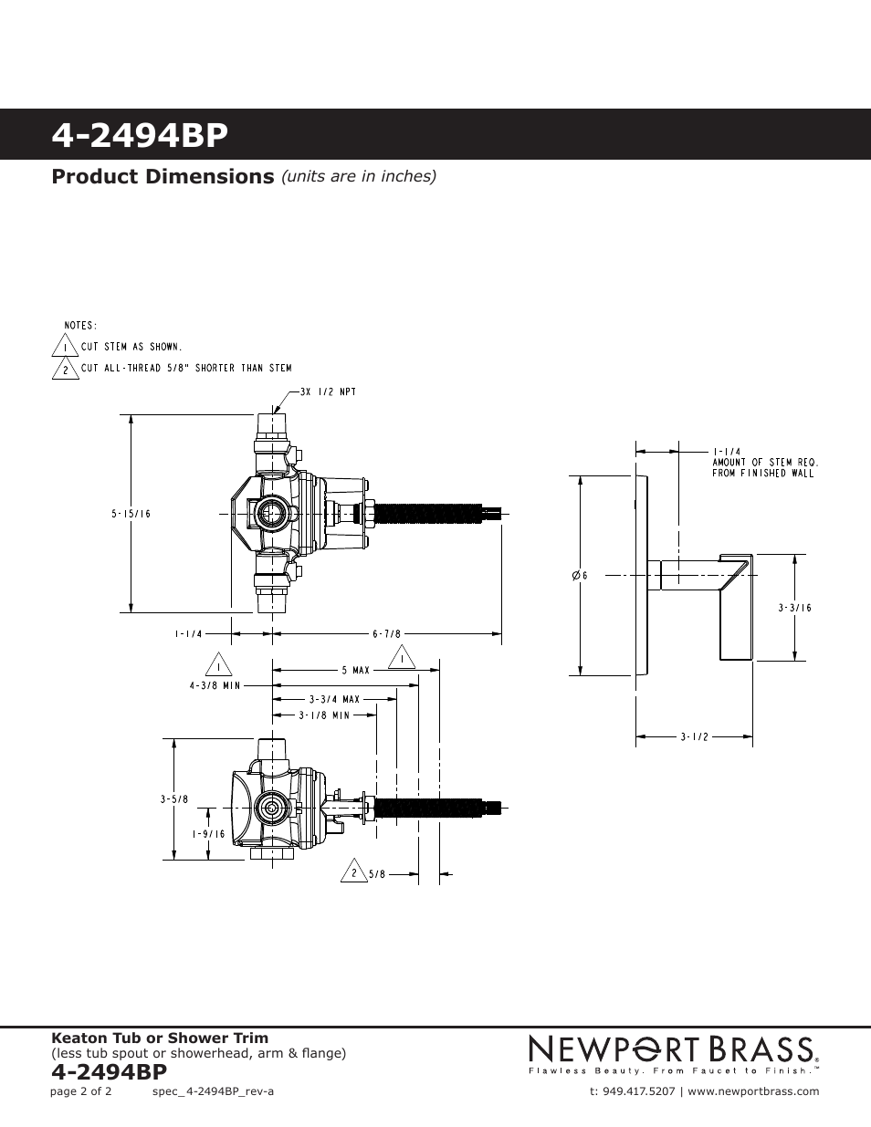 2494bp, Product dimensions | Newport Brass 3-395 Priya User Manual | Page 2 / 2
