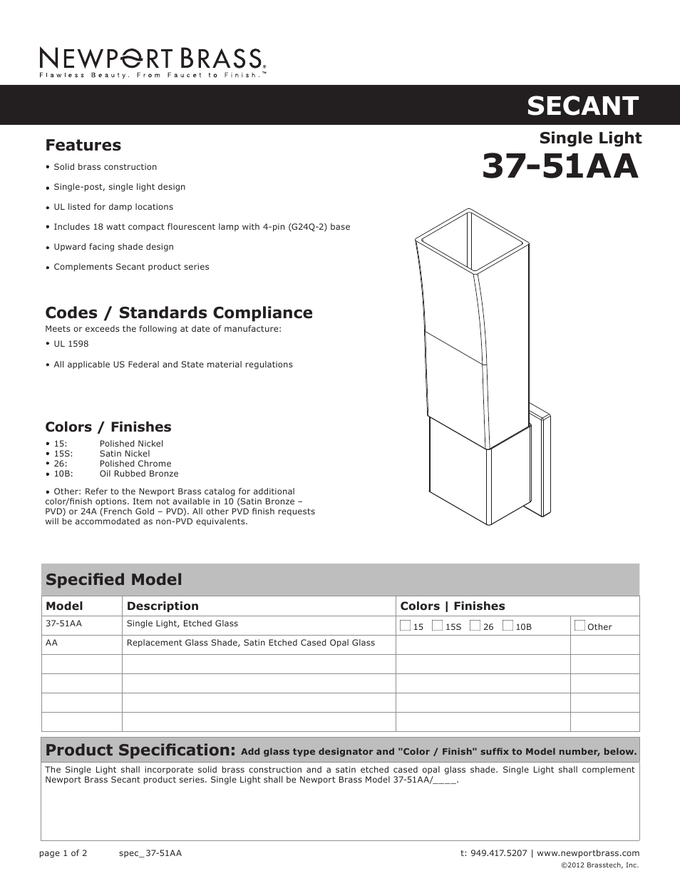 Newport Brass 37-51AA Secant User Manual | 2 pages