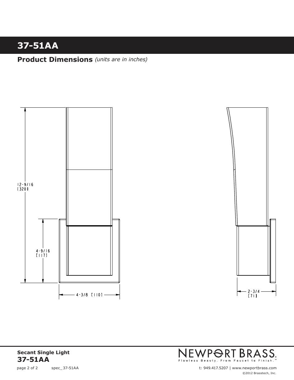 Product dimensions, 51aa | Newport Brass 37-51AA Secant User Manual | Page 2 / 2