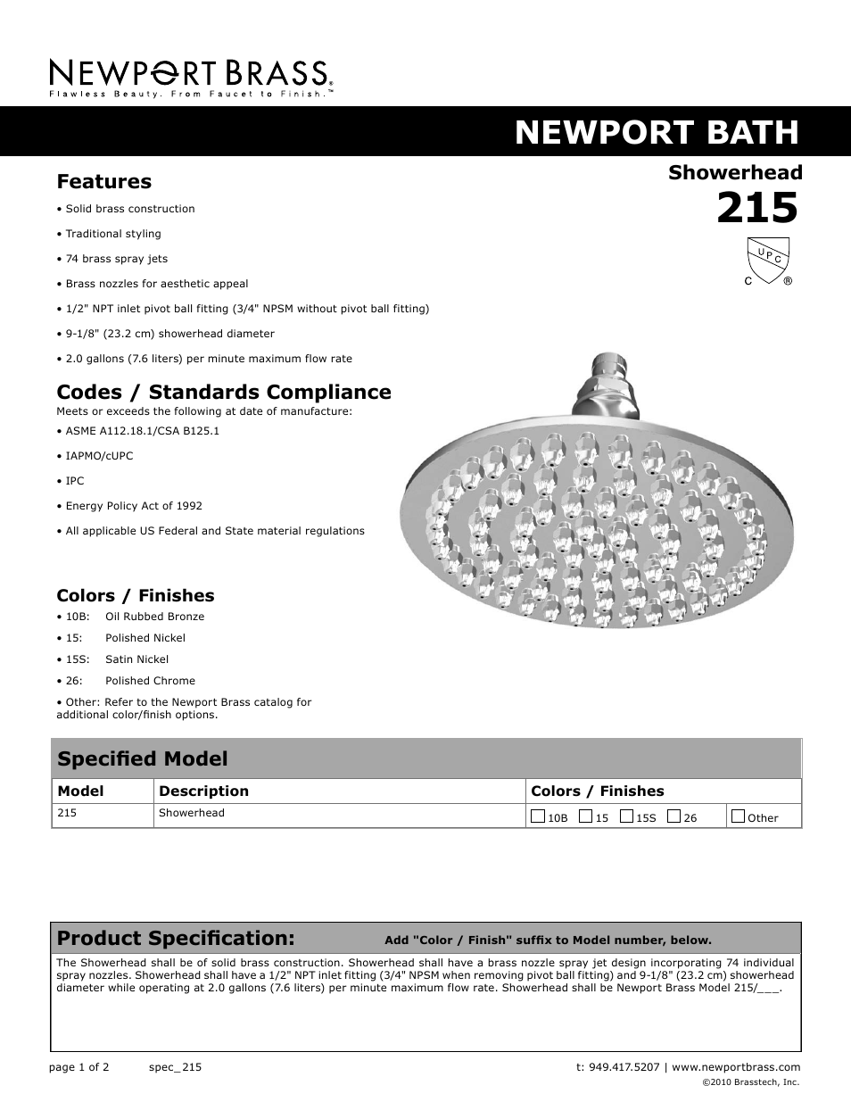 Newport Brass 215 User Manual | 2 pages