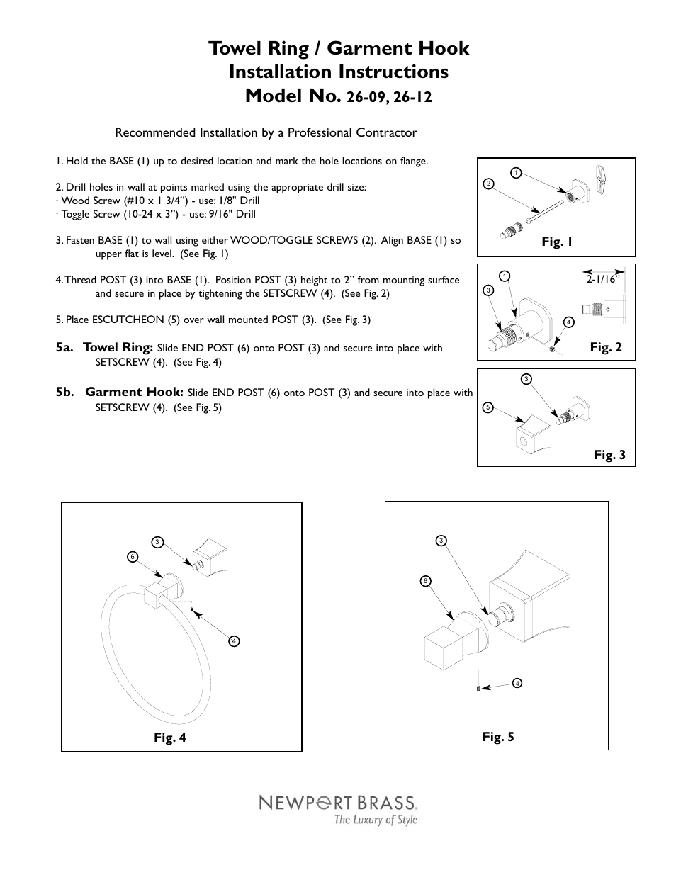 Newport Brass 26-12 Towel Ring_Garment Hook User Manual | 2 pages