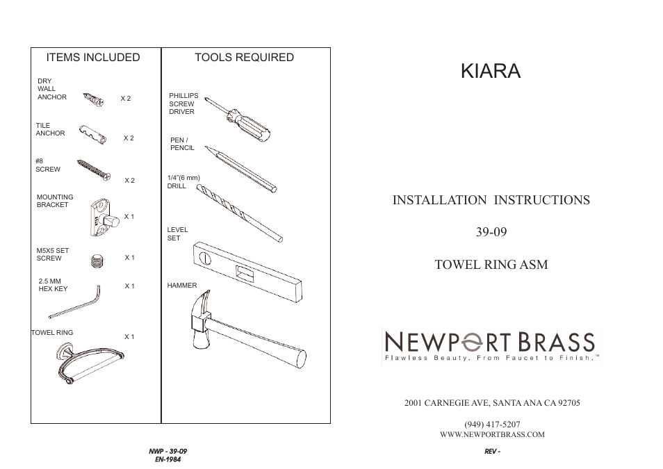 Newport Brass 39-09 TOWEL RING ASM User Manual | 2 pages