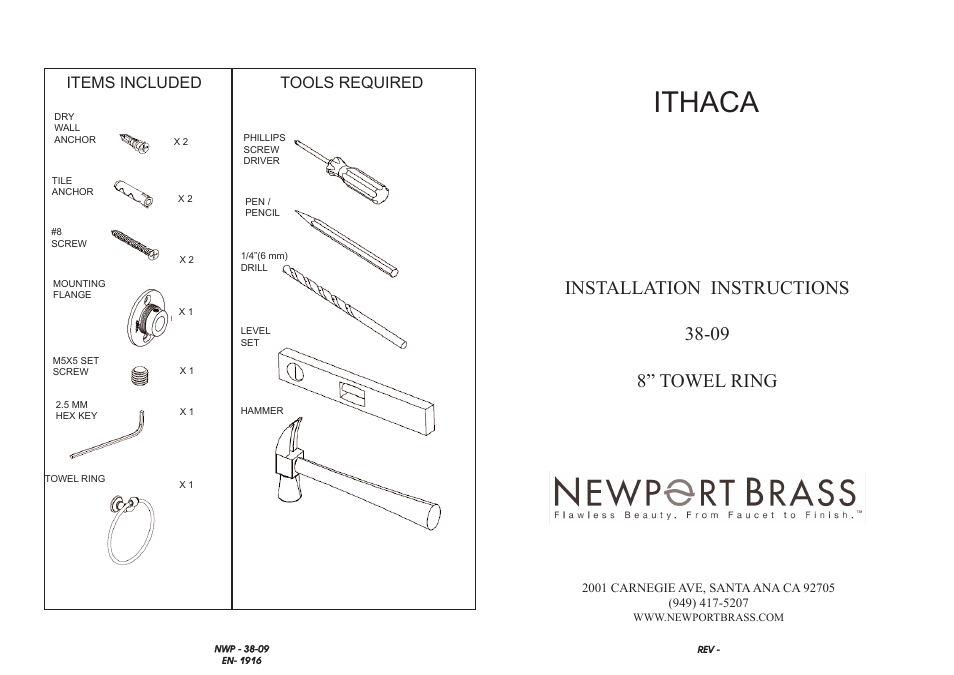 Newport Brass 38-09 8” TOWEL RING User Manual | 2 pages