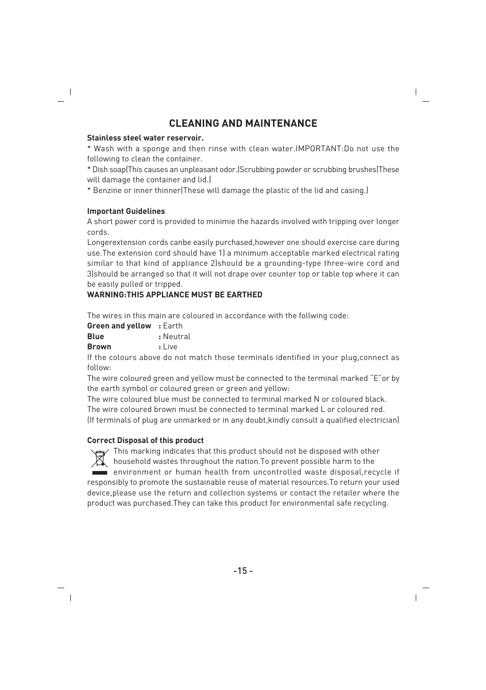 Cleaning and maintenance | SINBO SK 2394 User Manual | Page 16 / 64