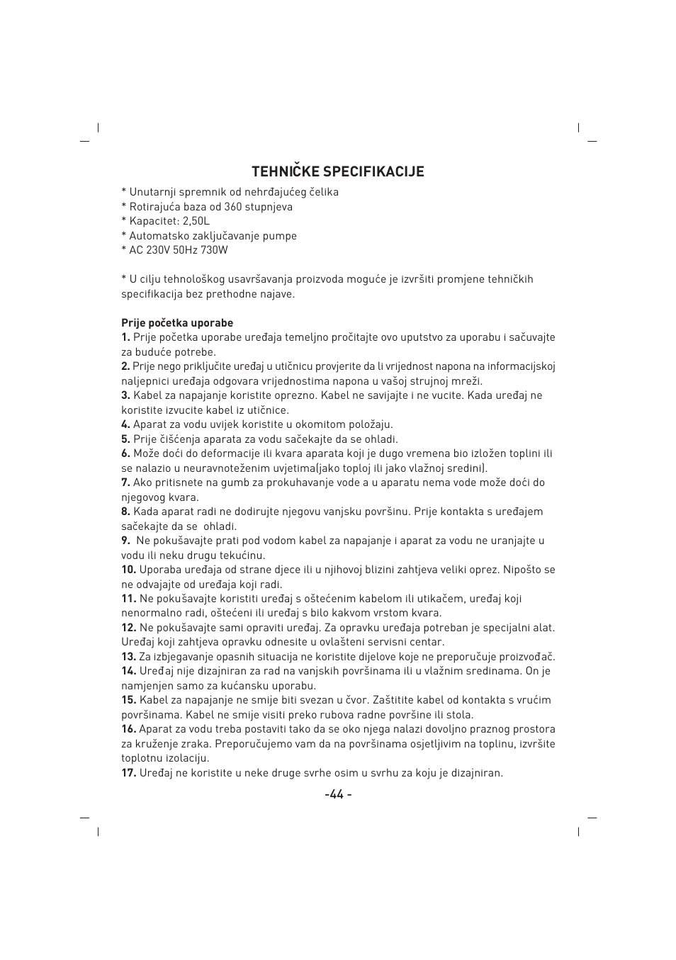 Tehniˇ cke specifikacije | SINBO SK 2394 User Manual | Page 45 / 64