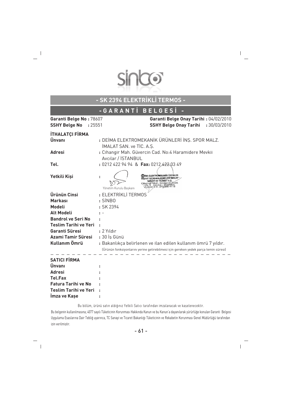 SINBO SK 2394 User Manual | Page 62 / 64