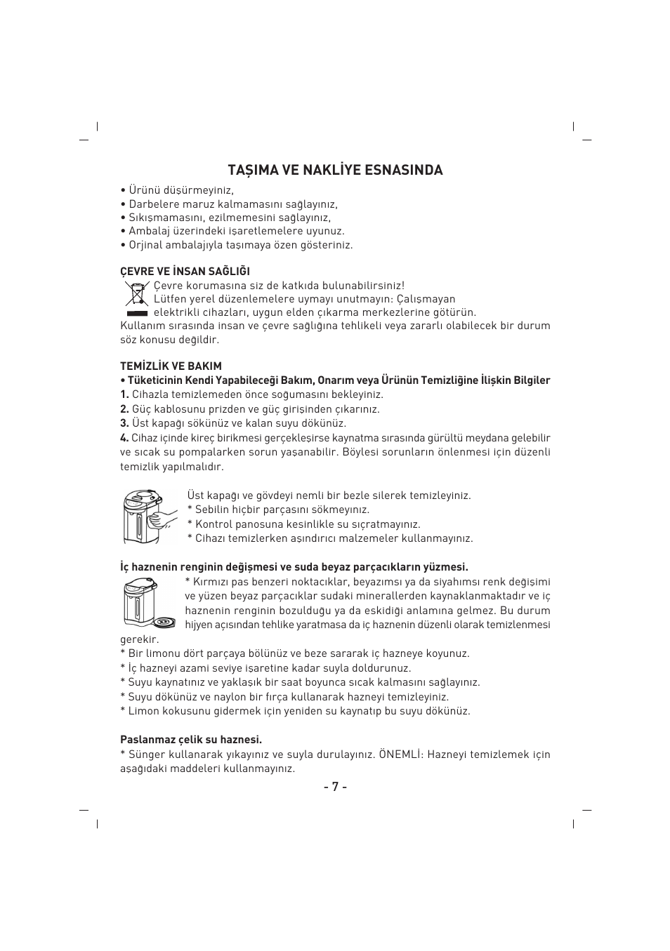 Tafiima ve nakl‹ye esnasinda | SINBO SK 2394 User Manual | Page 8 / 64