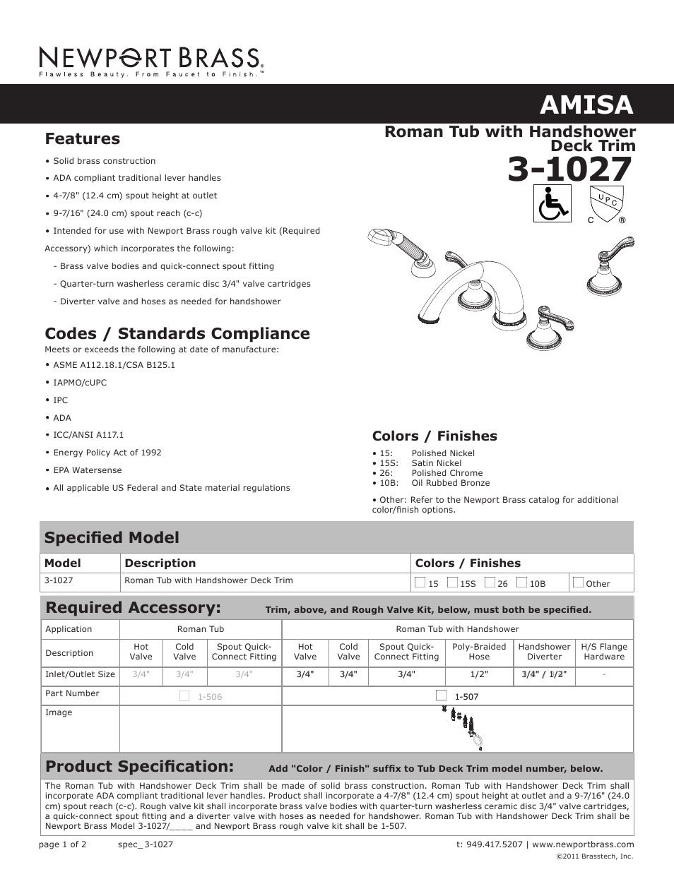 Newport Brass 3-1027 Amisa User Manual | 2 pages