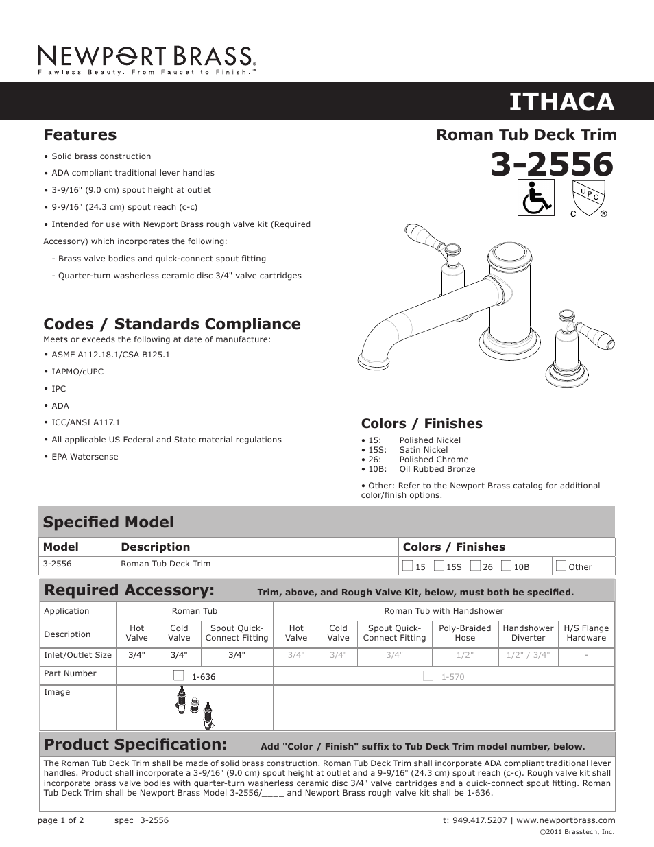 Newport Brass 3-2556 Ithaca User Manual | 2 pages