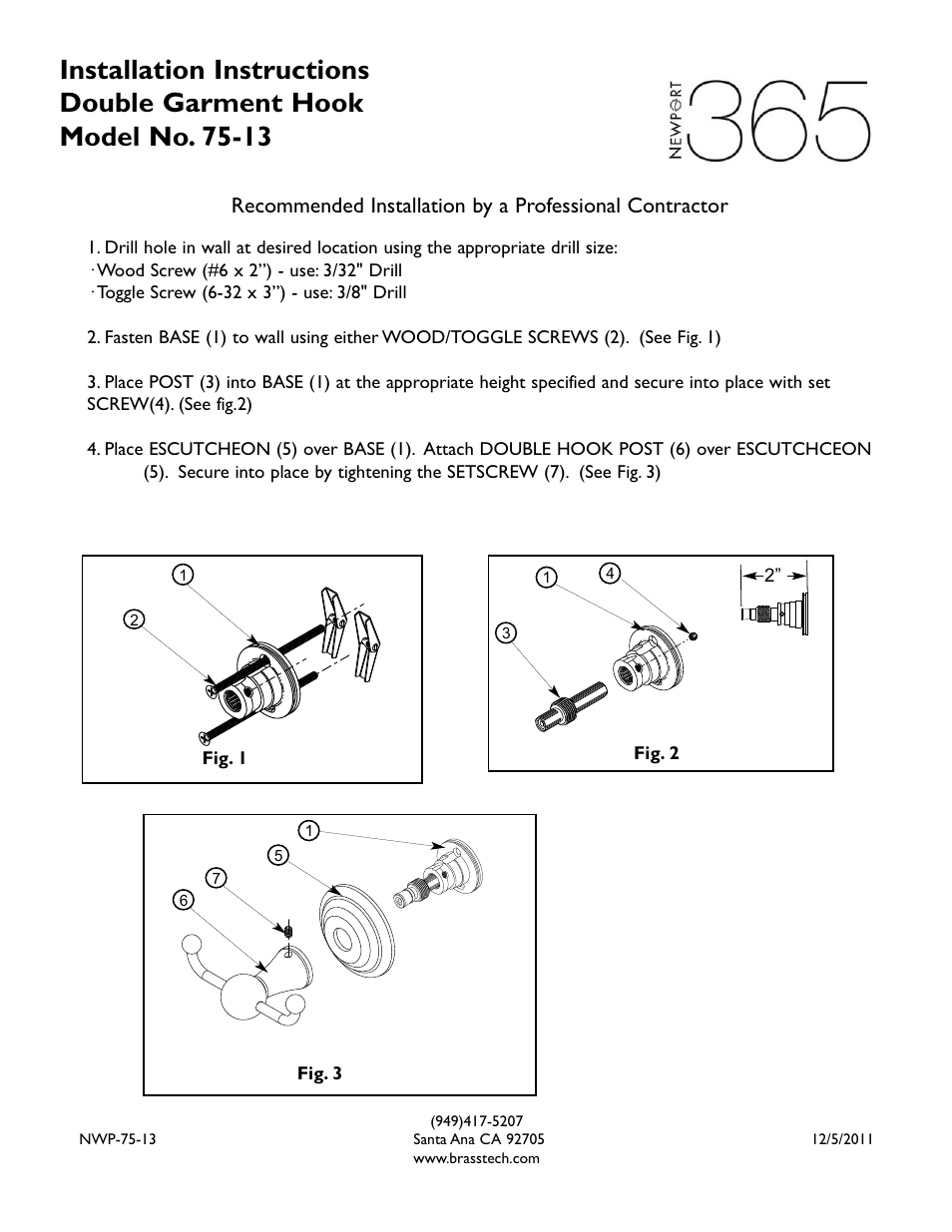 Newport Brass 75-13 Double Garment Hook User Manual | 1 page