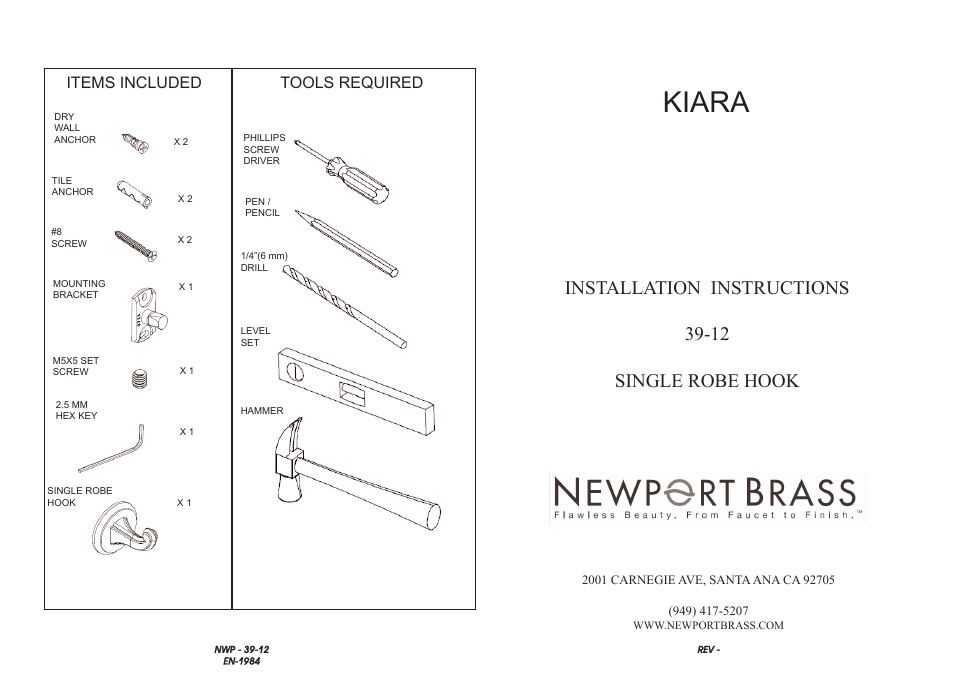 Newport Brass 39-12 SINGLE ROBE HOOK User Manual | 2 pages