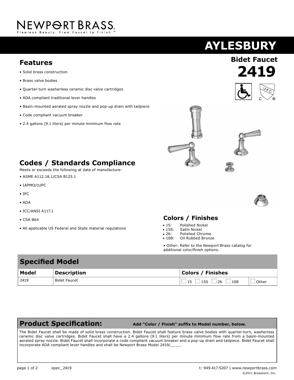 Newport Brass 2419 Jacobean User Manual | 2 pages