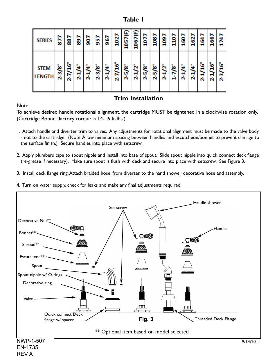 Table 1 trim installation | Newport Brass 3-907 Kayan User Manual | Page 3 / 4
