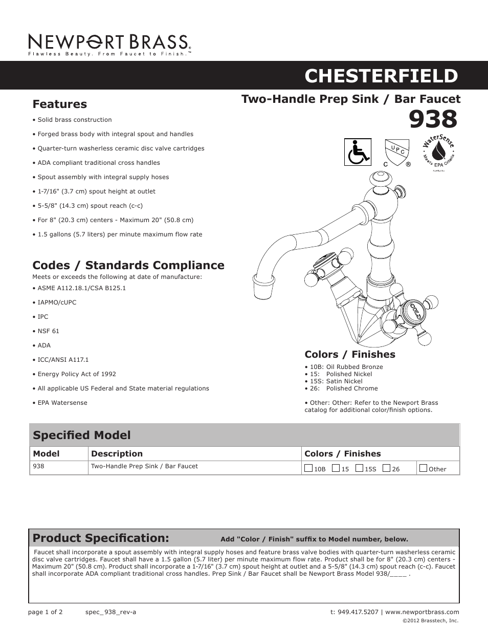 Newport Brass 938 User Manual | 2 pages