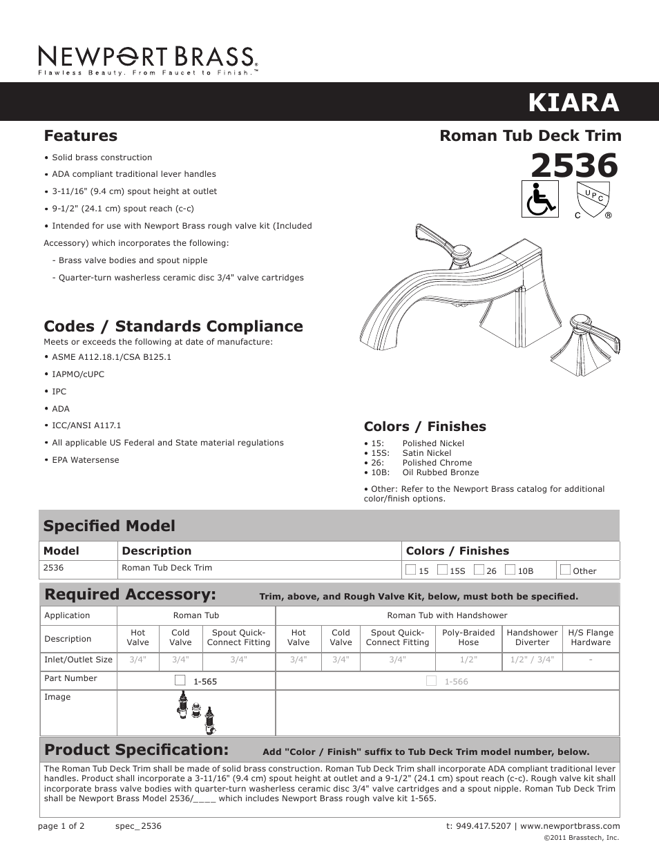 Newport Brass 2536 Kiara User Manual | 2 pages