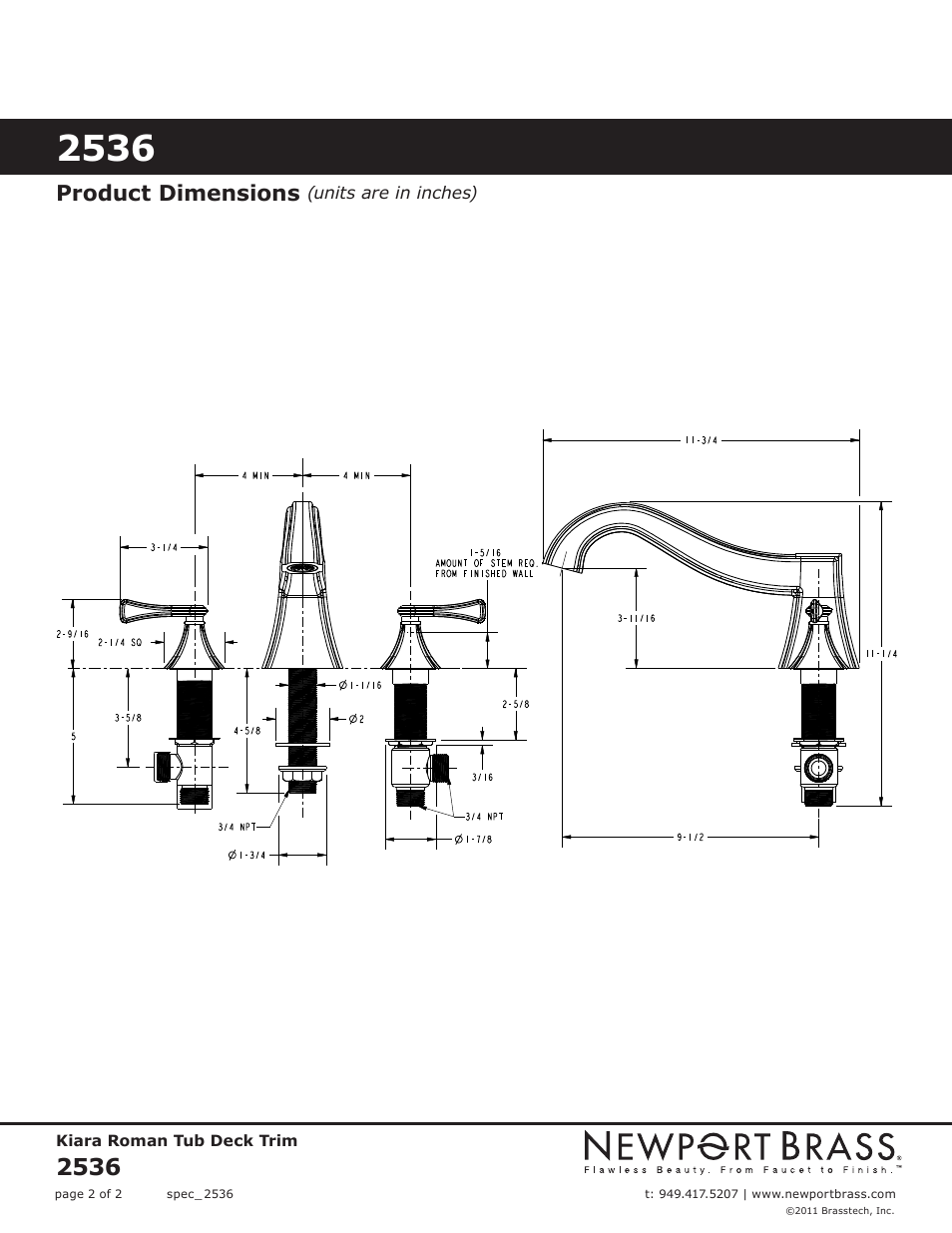 Product dimensions | Newport Brass 2536 Kiara User Manual | Page 2 / 2