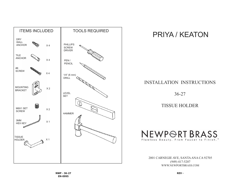 Newport Brass 36-27 TISSUE HOLDER User Manual | 2 pages